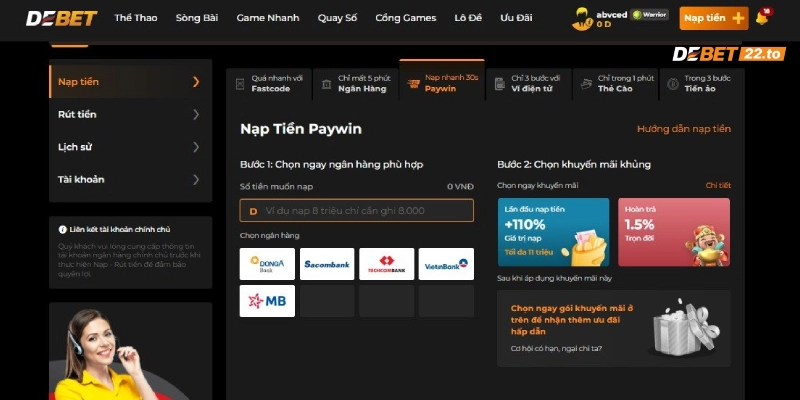 Nạp tiền Debet qua Paywin