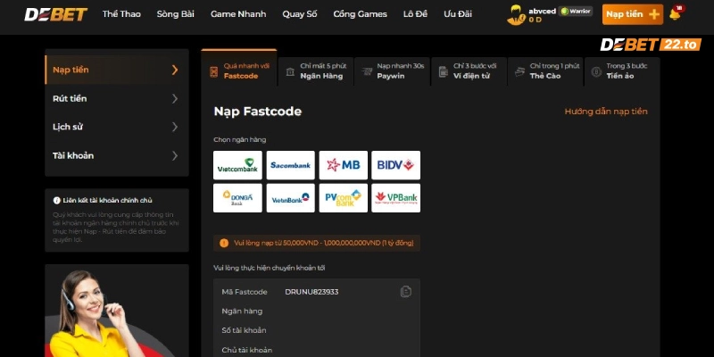 Nạp tiền Debet qua Fastcode